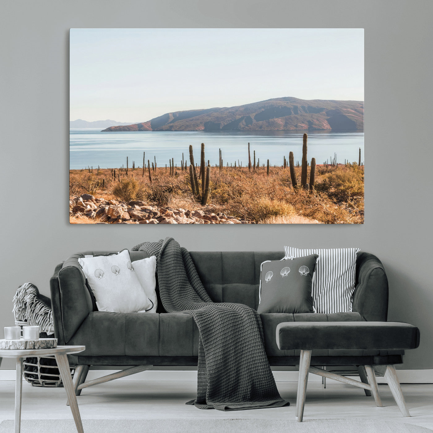 MGV-CV-36X24 - Desert Cactus Wall Art Canvas Print, Framed Baja Coastline Art Picture Print, Coastal Desert Perfect Southwestern Minimalist Decor Artwork