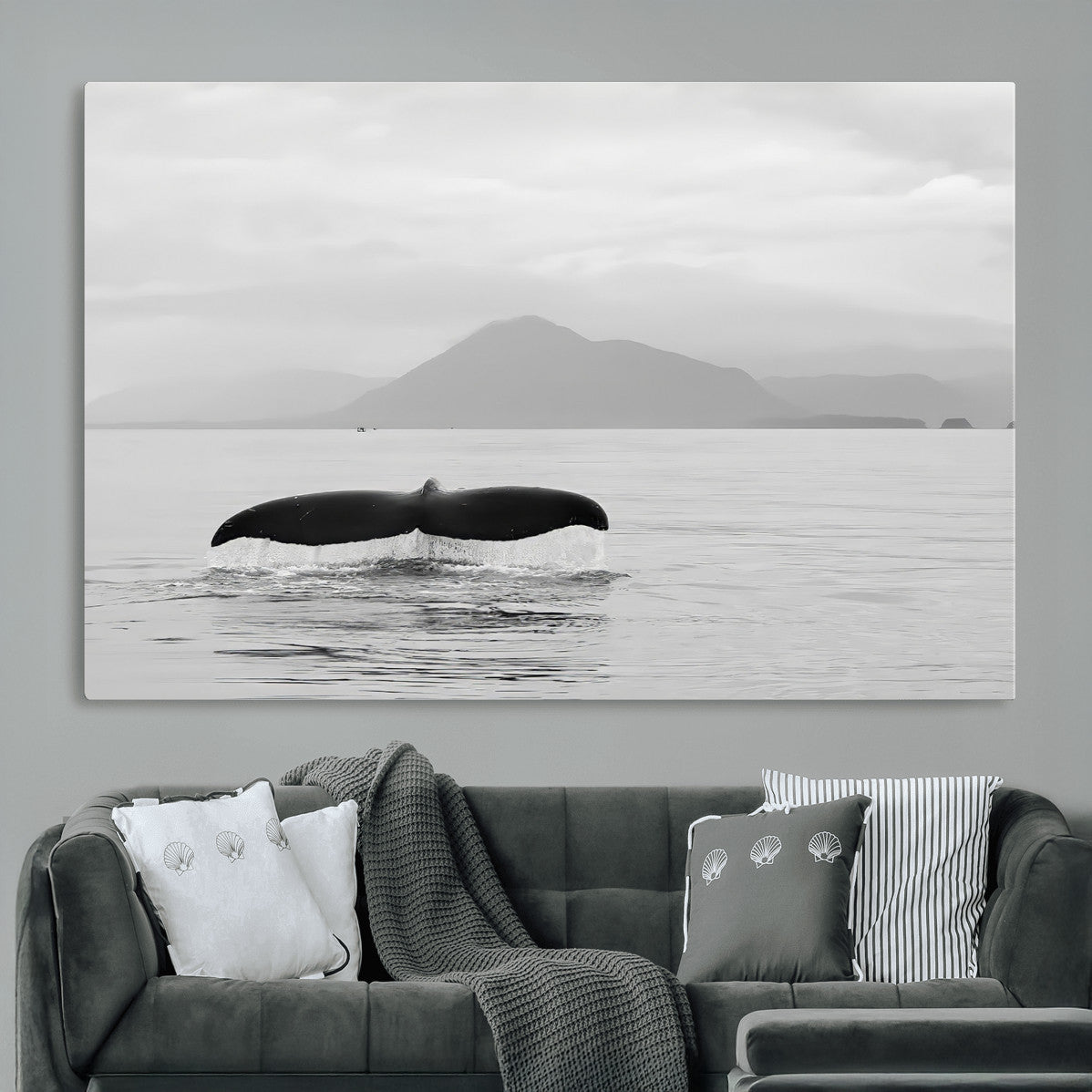 MGV-CV-36X24 - Whale Tail Wall Art Canvas Print, Framed Black White Ocean Art Picture Print, Calm Marine Perfect Minimalist Coastal Decor Artwork