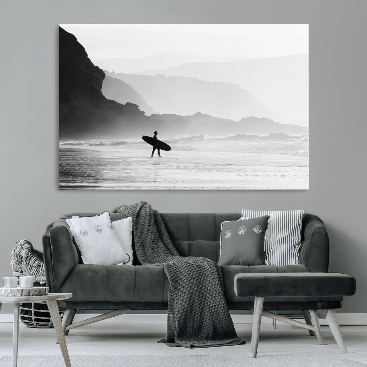 MGV-CV-36X24 - Surfer In Fog Wall Art Canvas Print, Framed Moody Shoreline Art Picture Print, Cliffside Waves Perfect Minimalist Coastal Decor Artwork