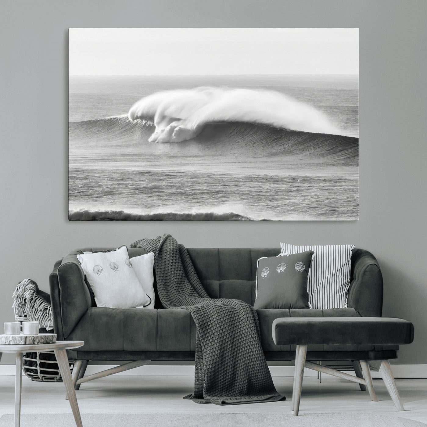 A dramatic black and white ocean wave crashing with immense force, capturing the raw power and movement of the sea in a bold seascape.