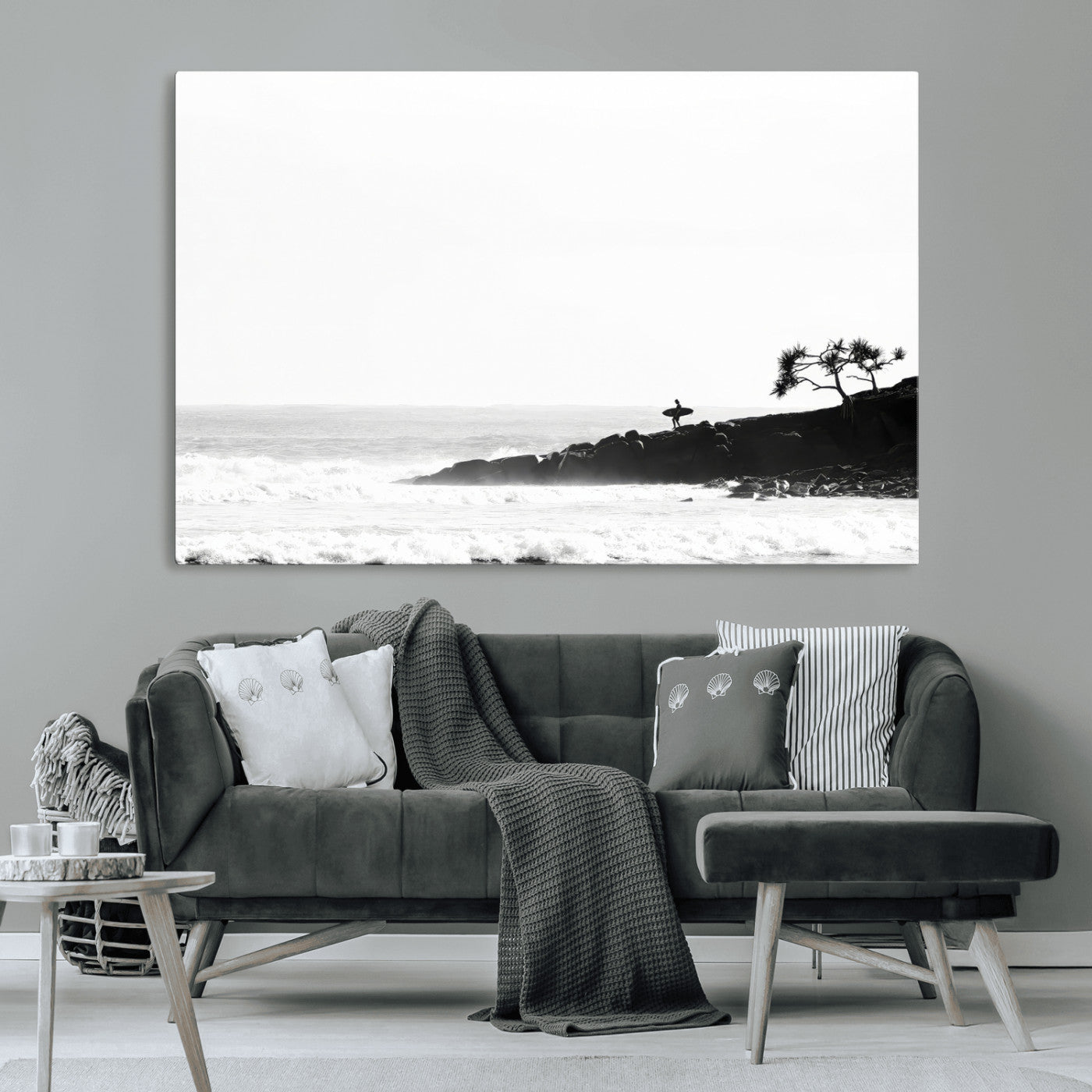 MGV-CV-36X24 - SurferCliffs Wall Art Canvas Print, Framed Black White Beach Art Picture Print, Ocean Waves Perfect Minimalist Coastal Decor Artwork