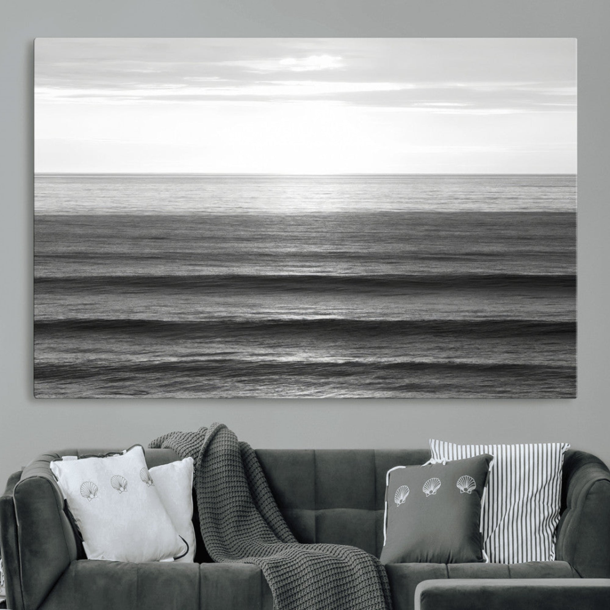 47305203-MGV-CV-36X24-Monochrome Ocean Wall Art Canvas Print – Framed Moody Ocean Art Picture Calm Ocean Artwork for Home Office