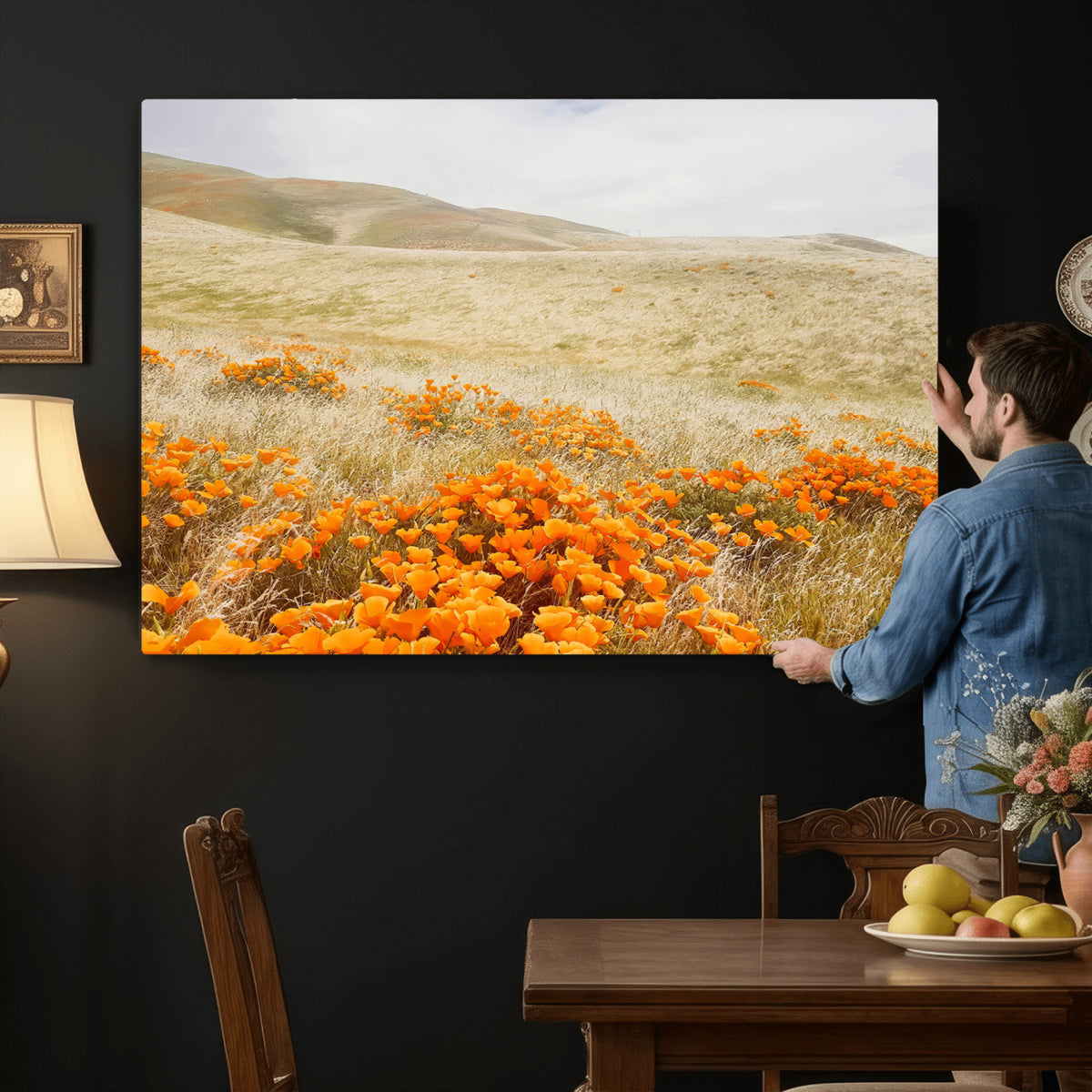 28972262-_Poster-30x20 - Golden Wildflowers Wall Art Canvas Print, Framed Hills and Poppy Meadow Scene