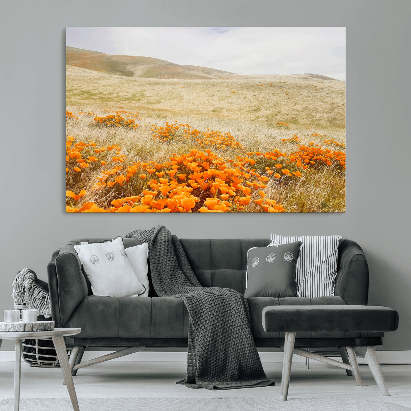 A golden field with vibrant orange poppies blooming across rolling hills under a soft, sunlit sky, creating a warm and rustic landscape.