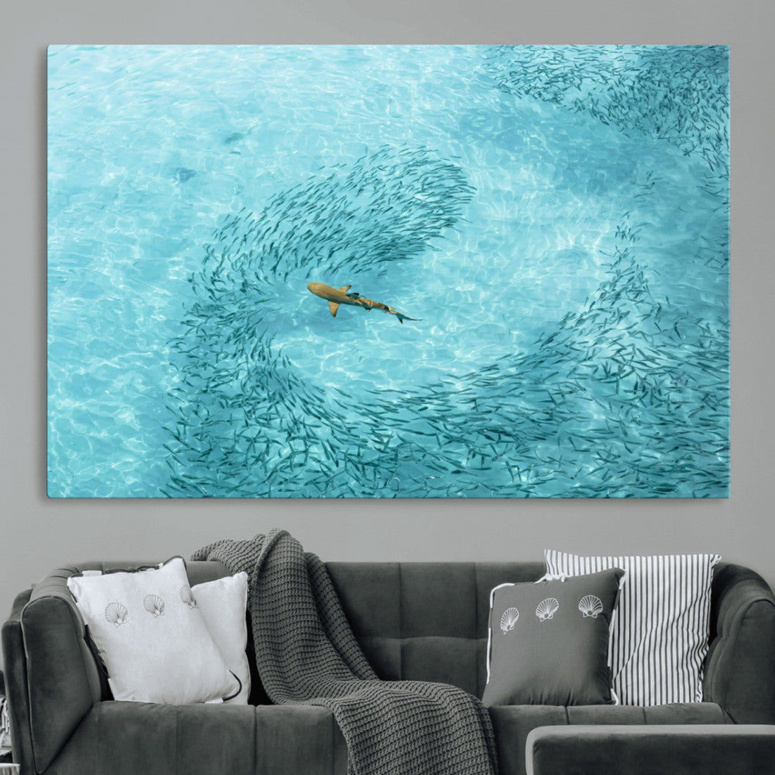 Fish Swarm Wall Art Canvas Print, Framed Aerial Shark and Marine Life Artwork