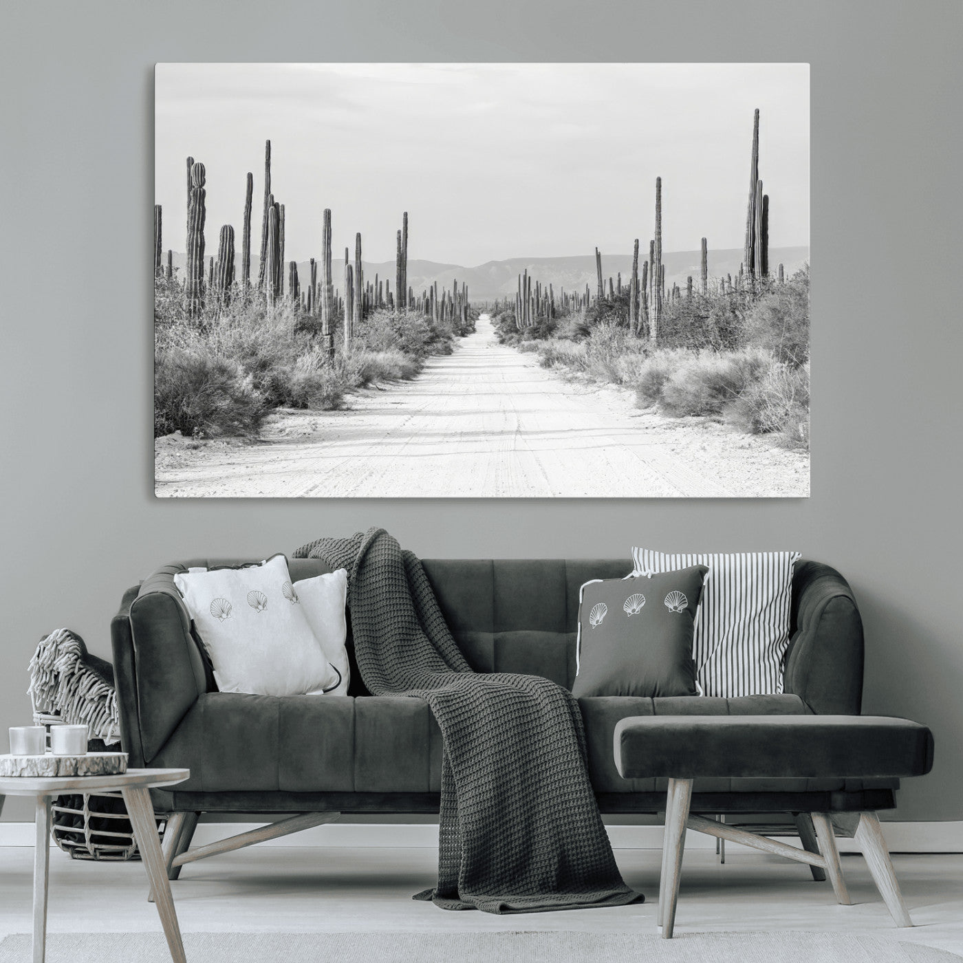 A black and white desert road stretching through a cactus-filled landscape, creating a rugged and timeless southwestern aesthetic with a sense of adventure.