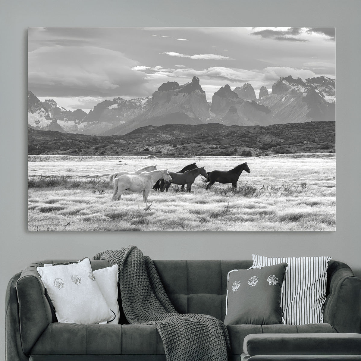 MGV-CV-36X24 - Wild Horses Wall Art Canvas Print, Framed Black White Mountains Art Picture Print, Rustic Countryside Perfect Rustic Western Decor Artwork