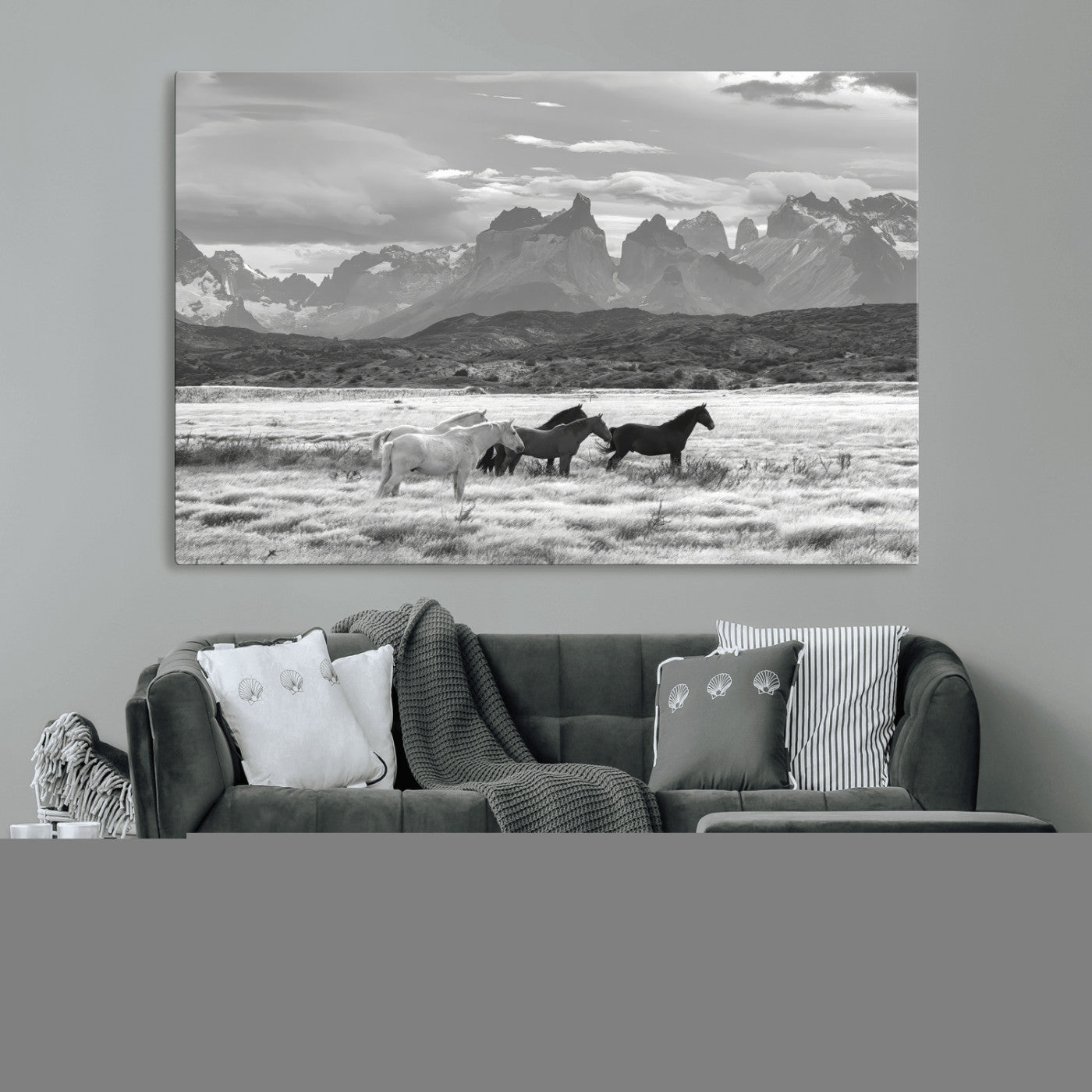 MGV-CV-36X24 - Wild Horses Wall Art Canvas Print, Framed Black White Mountains Art Picture Print, Rustic Countryside Perfect Rustic Western Decor Artwork