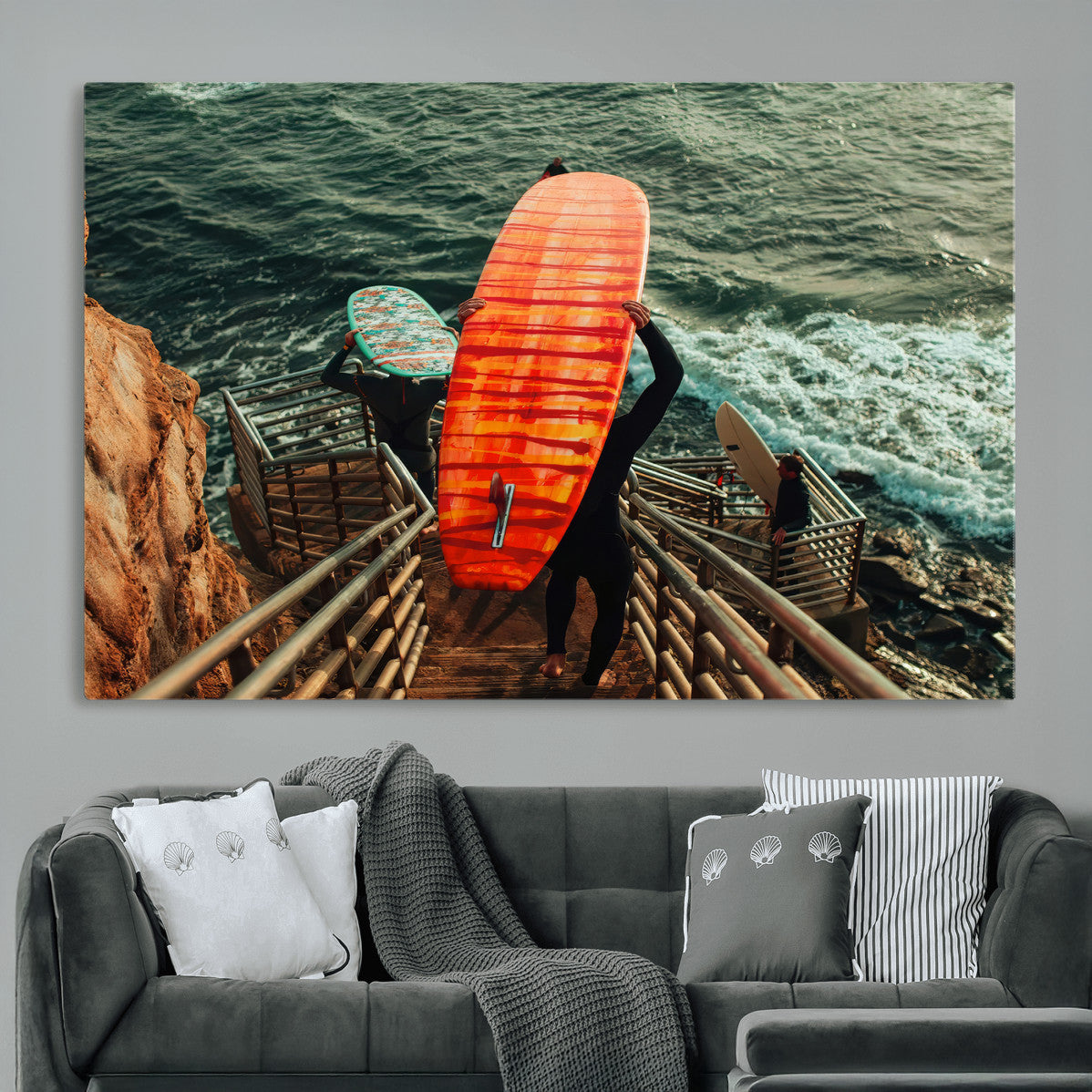 MGV-CV-36X24 - Surfer Stairway Wall Art Canvas Print, Framed Ocean Surf Art Picture Print, Sunset Coastal Perfect Coastal Adventure Decor Artwork