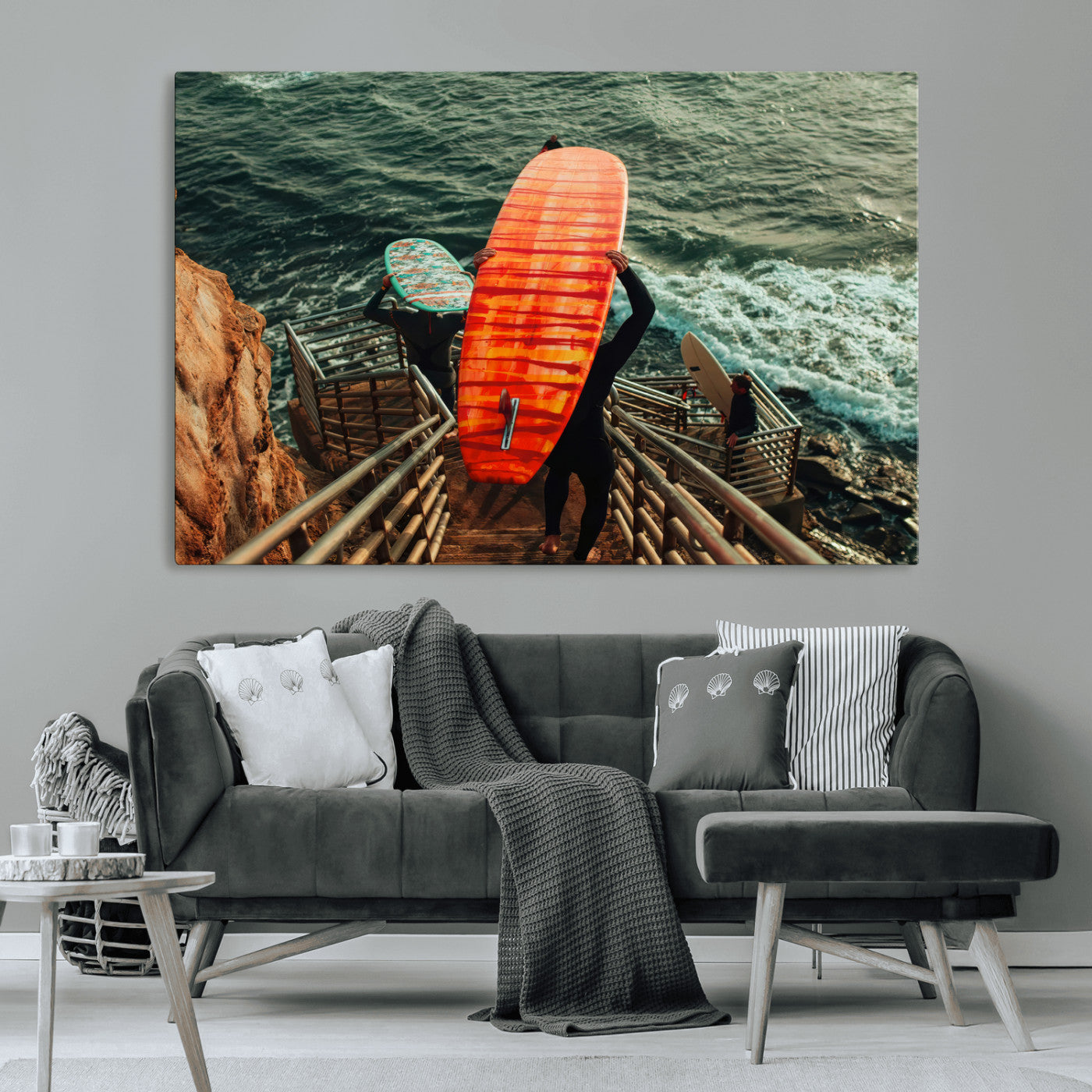 MGV-CV-36X24 - Surfer Stairway Wall Art Canvas Print, Framed Ocean Surf Art Picture Print, Sunset Coastal Perfect Coastal Adventure Decor Artwork