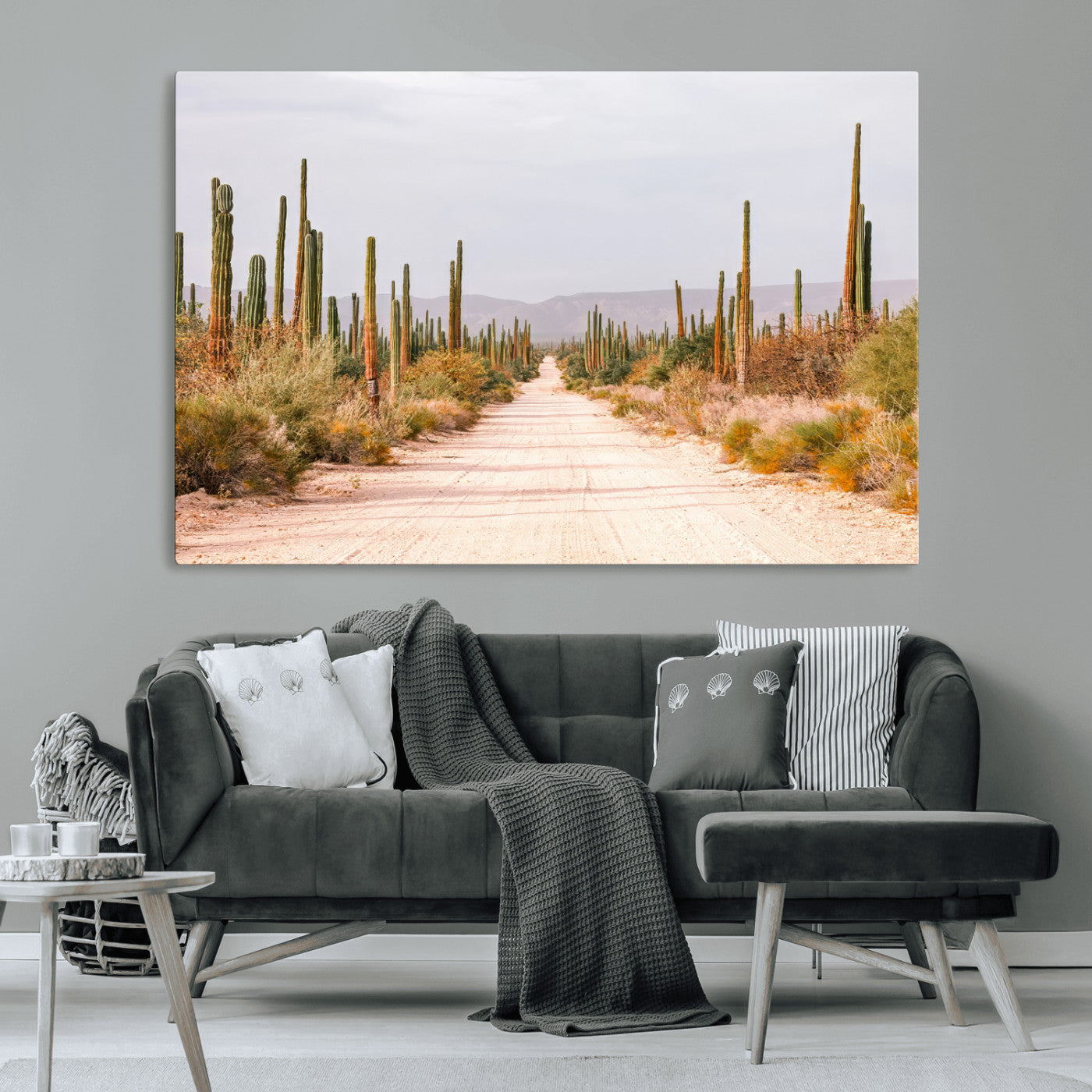 MGV-CV-36X24 - Desert Cactus Lined Road Wall Art Canvas Print, Framed Southwestern Landscape Art Picture Print, Bohemian Western Aesthetic Perfect Southwestern Boho Decor Artwork