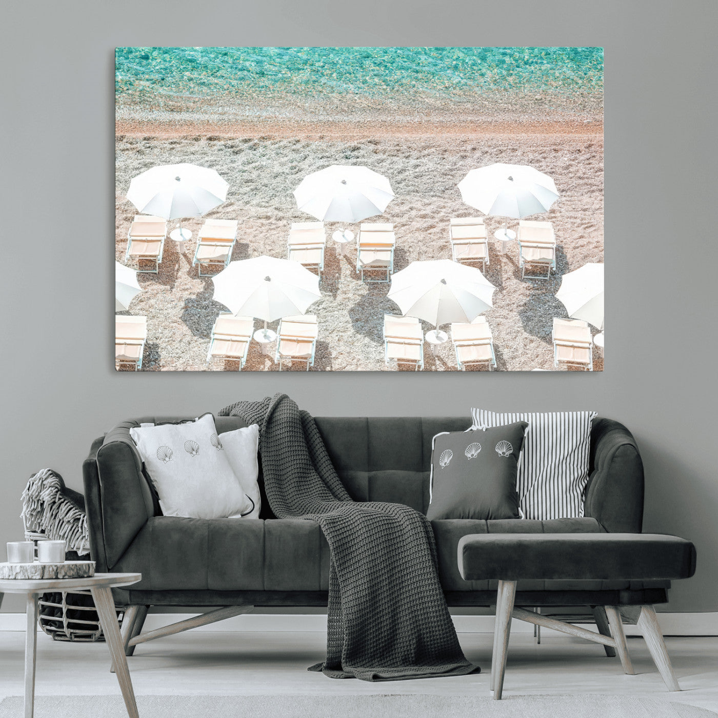 MGV-CV-36X24 - Calm Beach Wall Art Canvas Print, Framed Turquoise Water Art Picture Print, Umbrella Shoreline Perfect Coastal Minimalist Decor Artwork