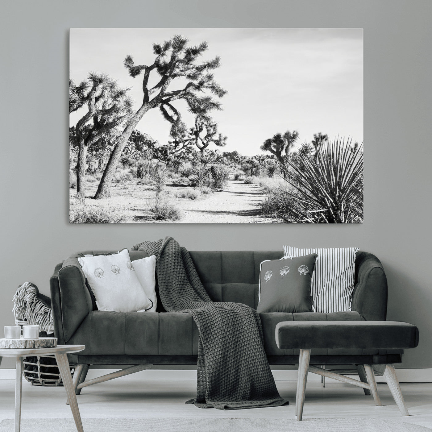 Canvas of a Joshua Tree forest in black and white tones, featuring a desert path and spiky vegetation, ideal for minimalist or rustic decor.