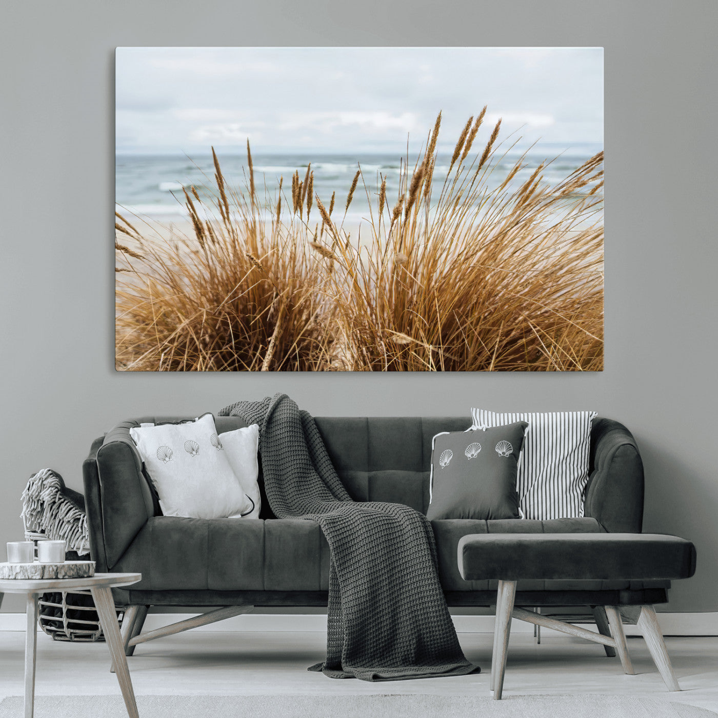 Canvas of golden beach grass swaying by the ocean under a soft cloudy sky, perfect for neutral-toned or coastal minimalist decor.