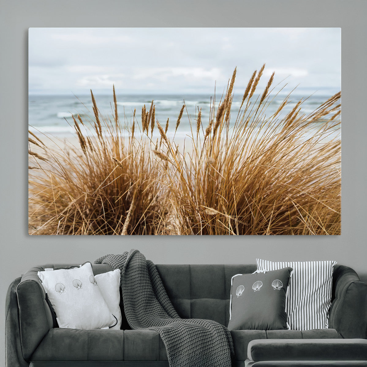 14270839-MGV-CV-36X24-Beach Grass Wall Art – Framed Coastal Dunes Canvas Artwork, Minimal Seaside Design, Modern Coastal Decor for Home, Office