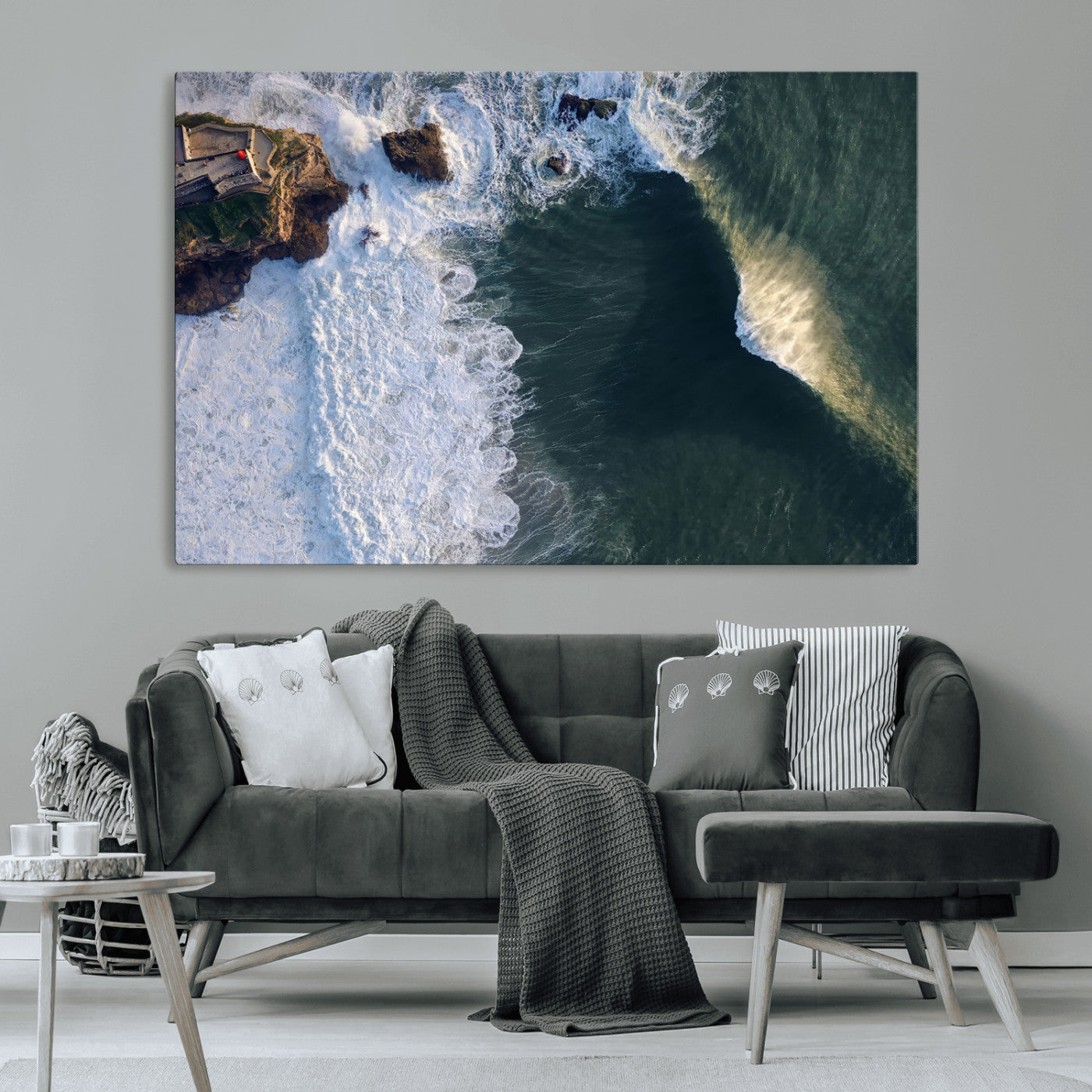 Canvas showing an aerial view of crashing waves along the Nazaré coastline, perfect for dramatic coastal or ocean-themed home decor.