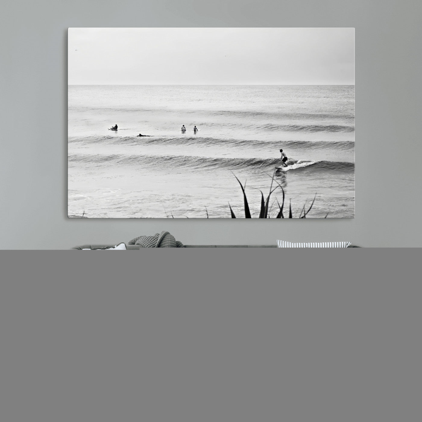 MGV-CV-36X24 - Surfer Silhouette Wall Art Canvas Print, Framed Calm Ocean Art Picture Print, Monochrome Surf Perfect Minimalist Coastal Decor Artwork