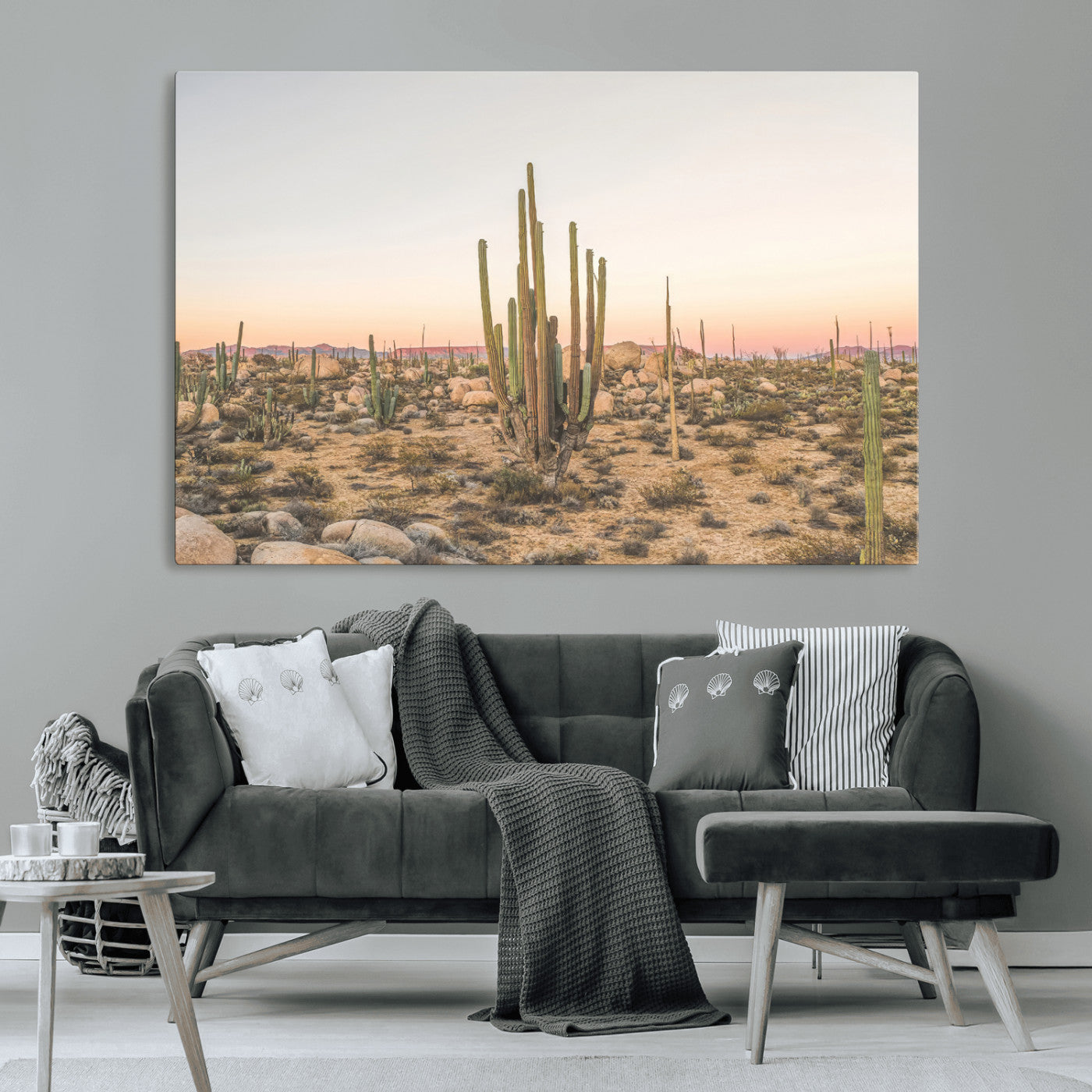 Canvas of tall desert cacti in warm sunset tones over a rocky Baja landscape, ideal for earthy or Southwestern-style home decor.