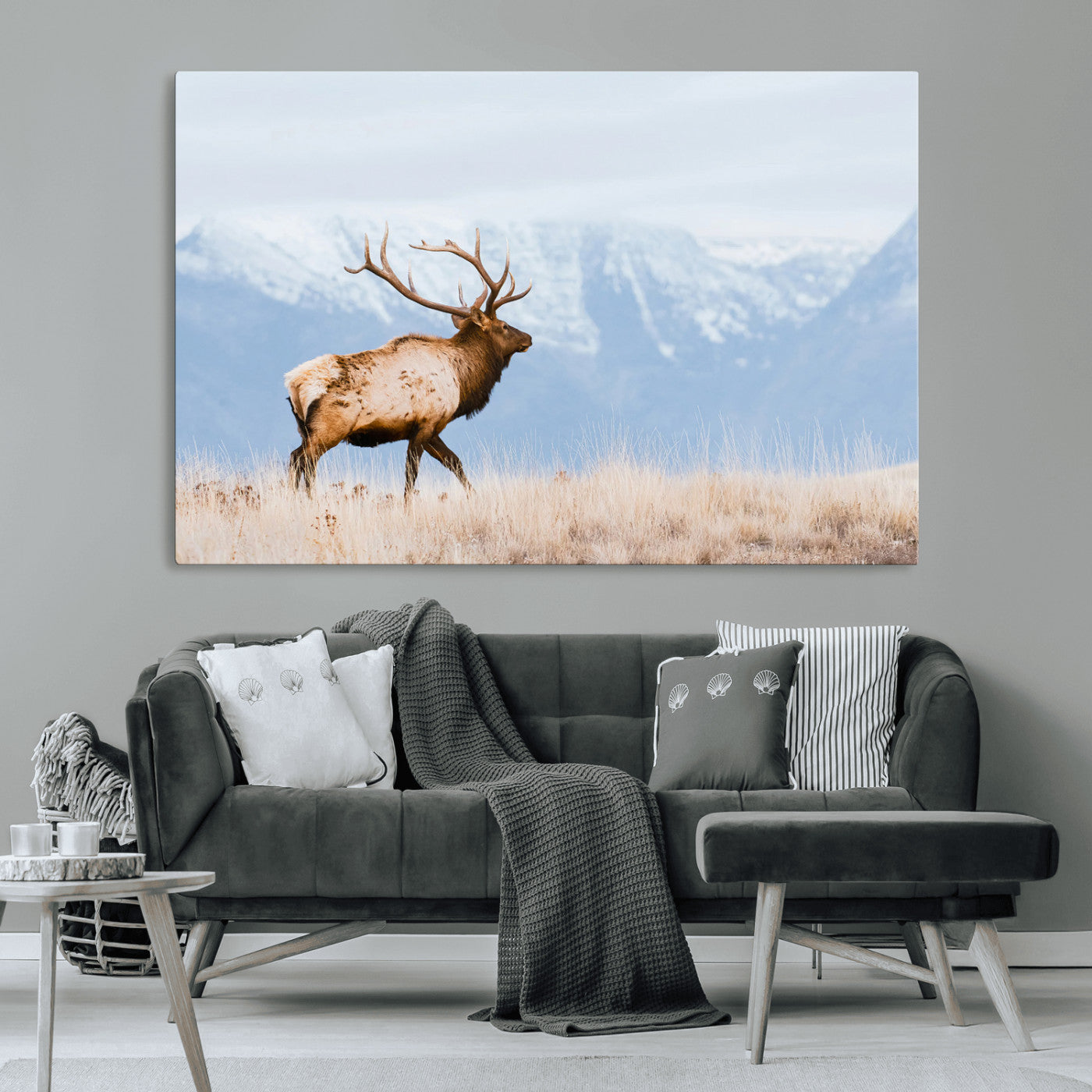 An elk walking on snowy grassland with majestic mountains in the background, ideal for rustic lodge or cabin wall decor.