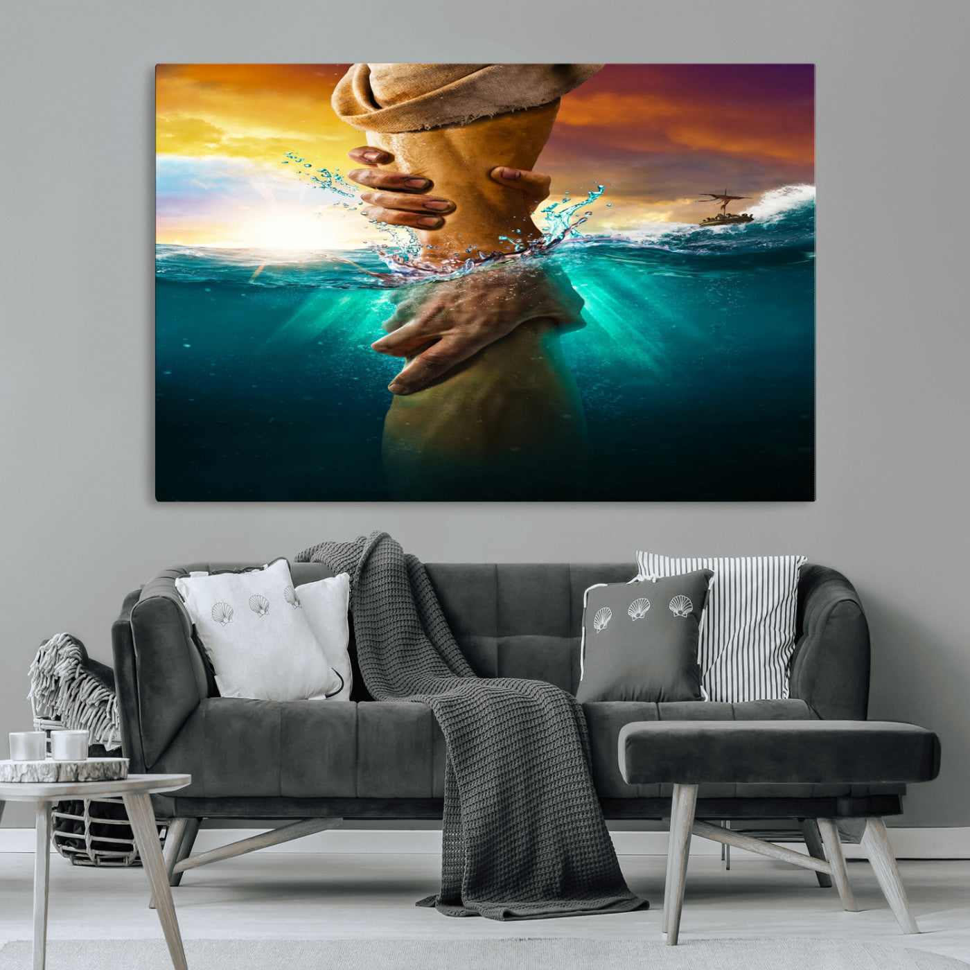 A dramatic scene of a hand reaching underwater and being lifted, symbolizing rescue and faith, ideal for spiritual or Christian wall decor.