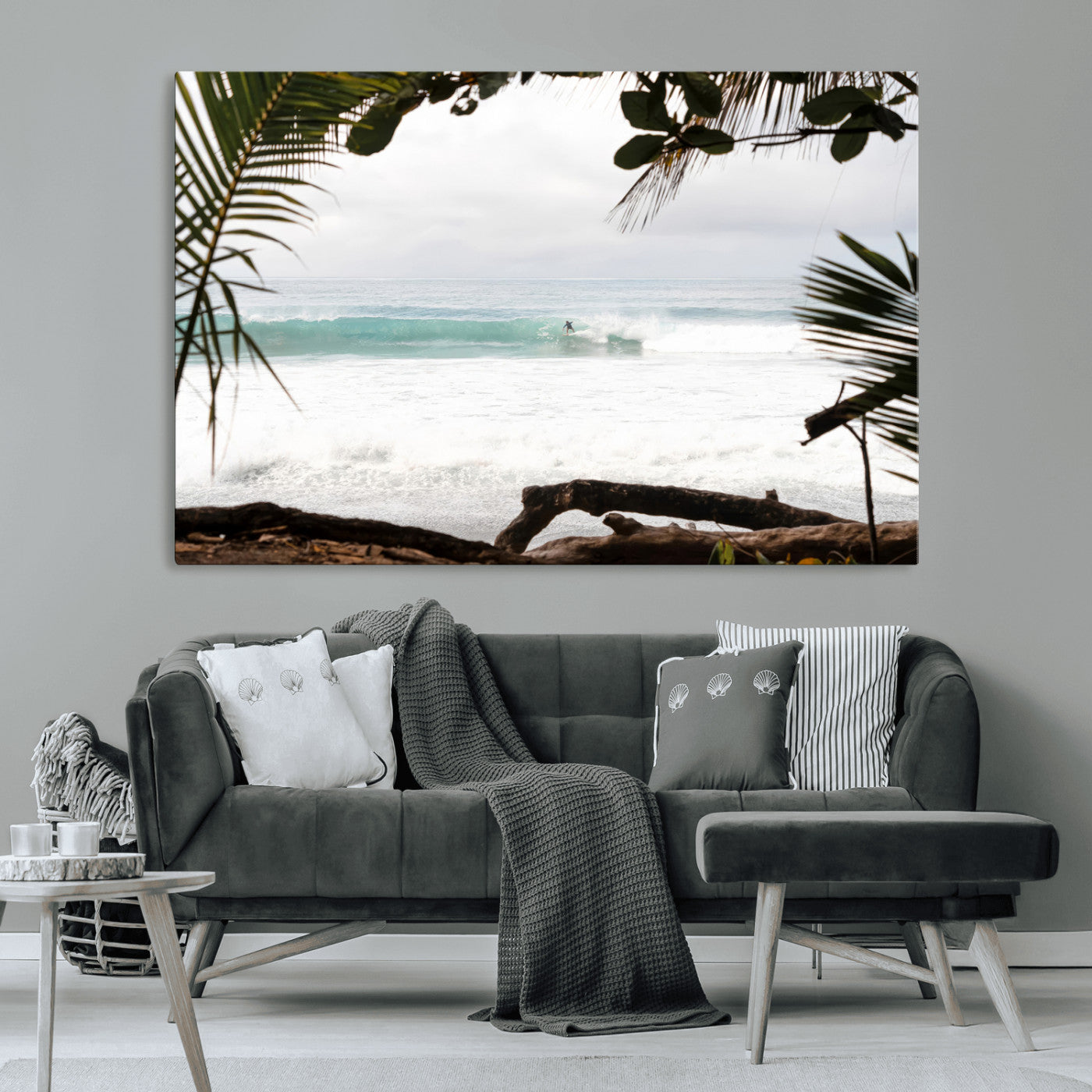 Tropical beach view with palm trees and surfer riding a wave, perfect for boho or coastal-inspired interior wall decor.