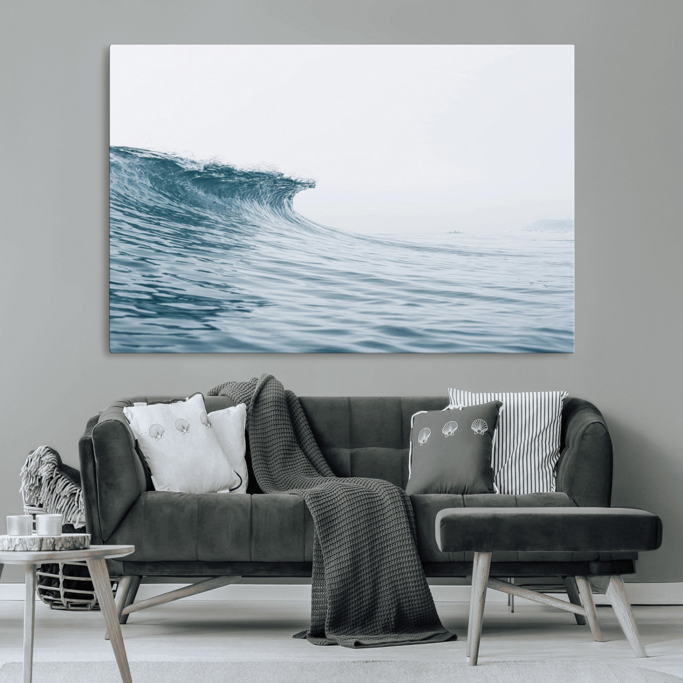 A single ocean wave curling in soft blue tones under a misty sky, ideal for coastal or minimalist home wall decor.