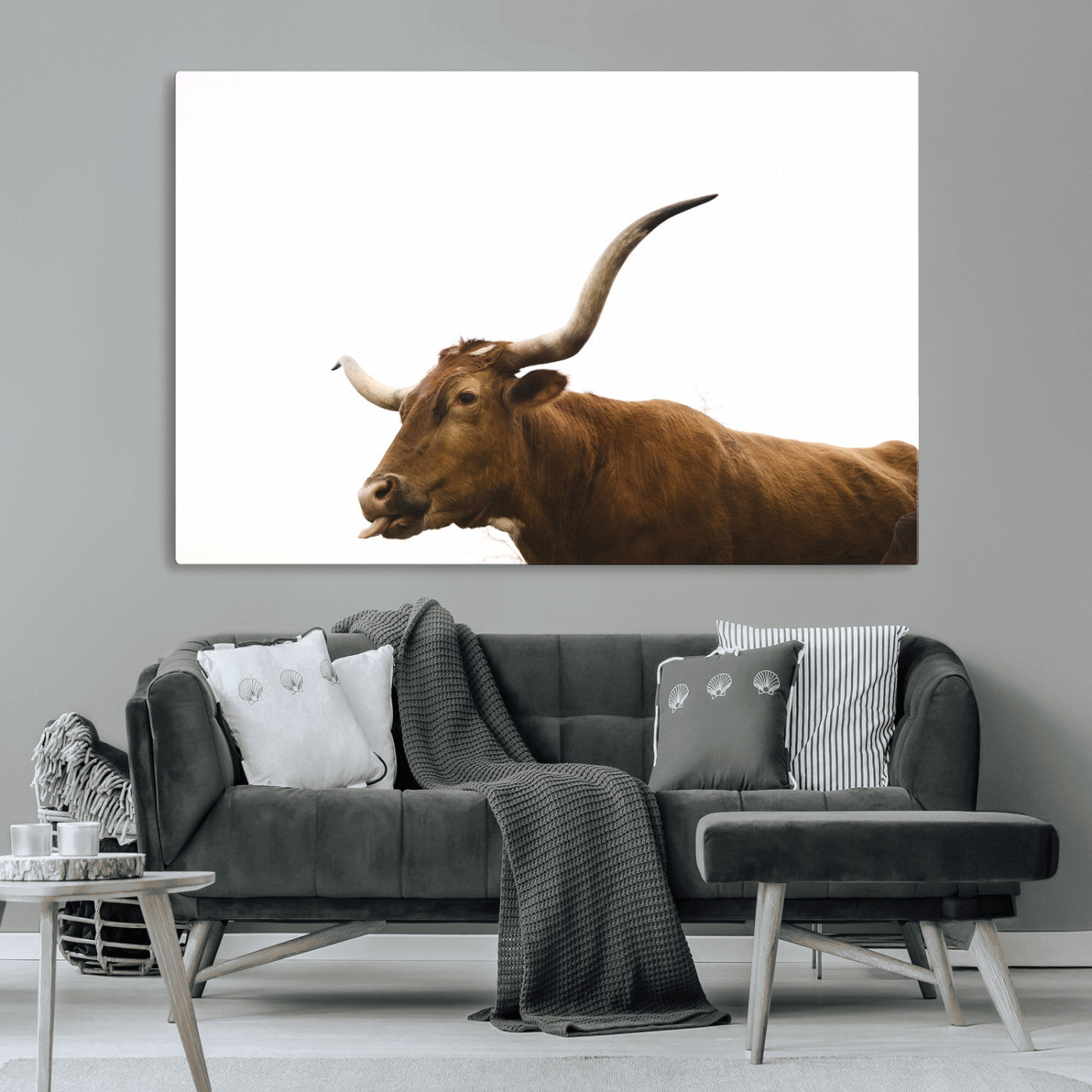Side view of a brown Longhorn cow with curved horns on white background, perfect for rustic farmhouse or western-style home decor.