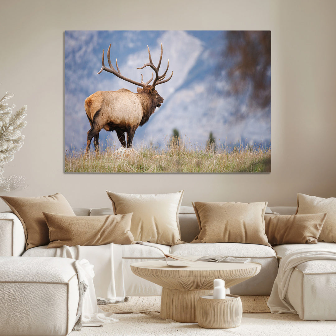 Rustic Elk Wall Art Canvas Print, Wildlife Antler Print, Framed Western Hunting Lodge Art Print