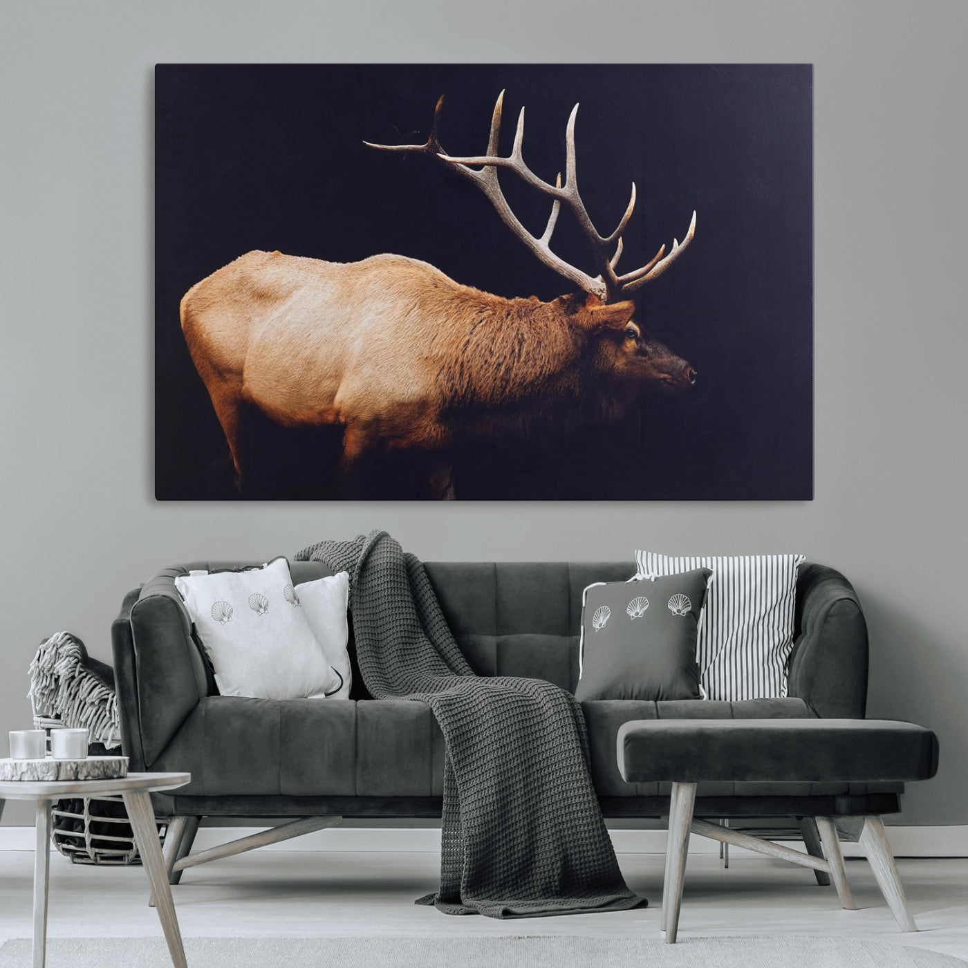 Side profile of an elk with large antlers on dark background, creating a bold rustic statement for cabin or Western-themed decor.