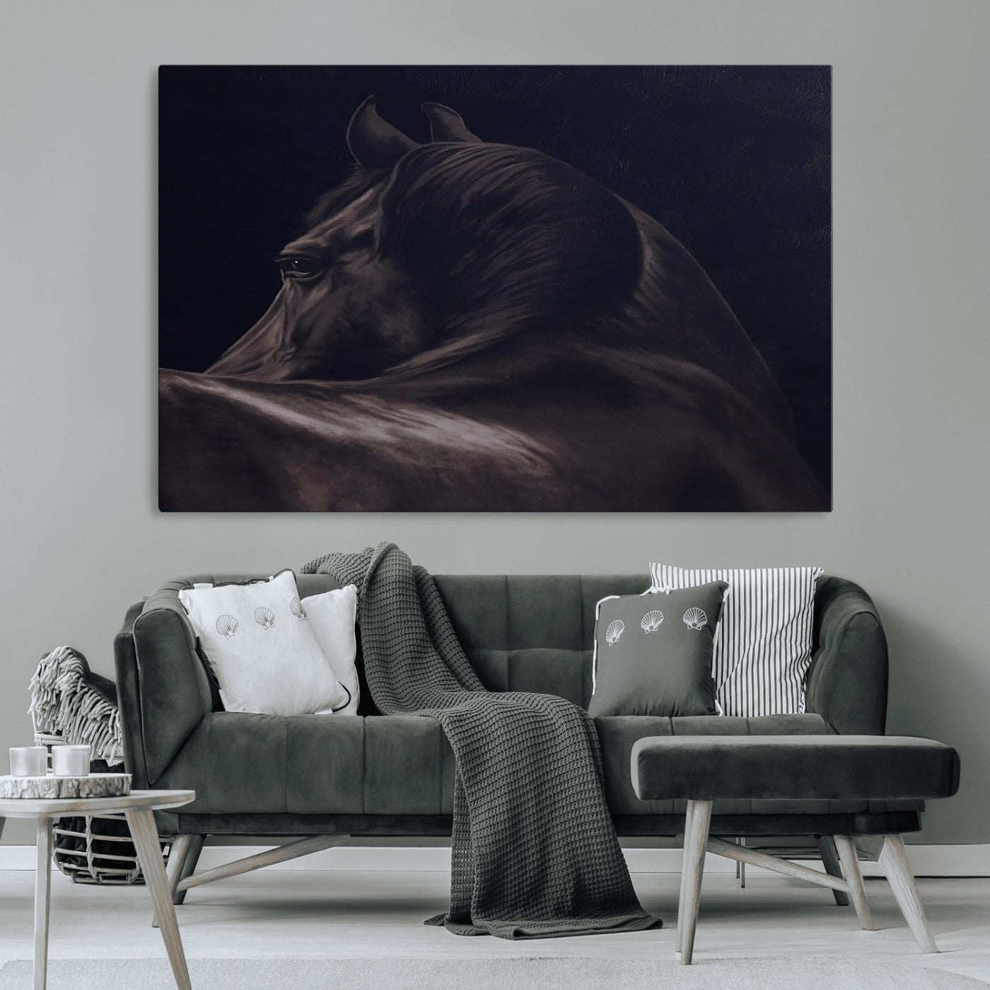 Moody black horse portrait with dramatic lighting on dark background, ideal for rustic, modern or Western style home decor.