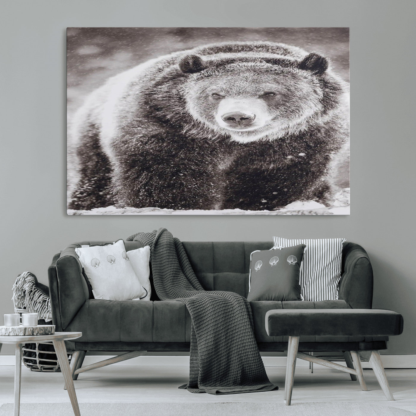 Snow-covered grizzly bear in black and white, ideal for rustic lodge, cabin or wildlife-themed home wall decor.