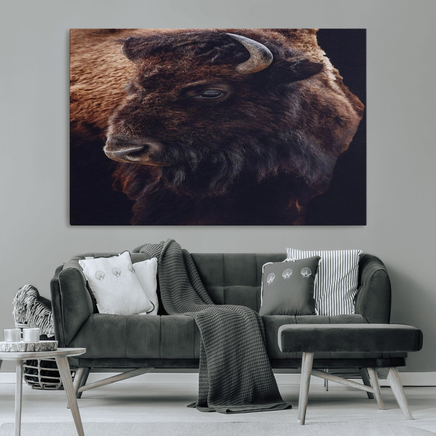 Close-up portrait of a bison with dark fur on a black background, perfect for rustic, lodge, or Western-style interior wall decor.