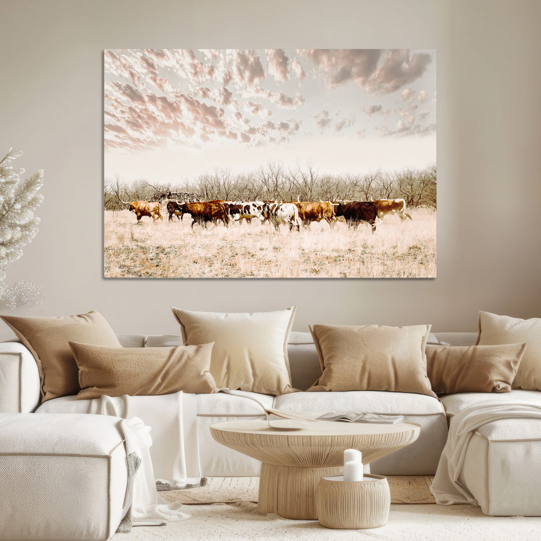 Longhorn Cattle Wall Art Canvas Print, Texas Ranch Print, Framed Western Cow Art Print, Large Prairie Landscape Printing Perfect for Western Decor