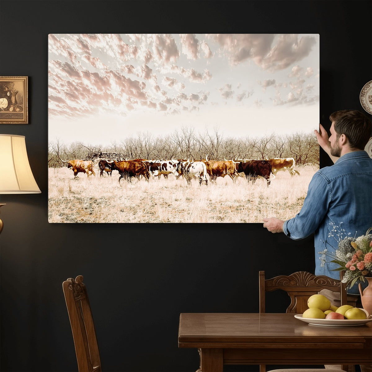 64892775-MGV-CV-24X16 - Longhorn Cattle Wall Art Canvas Print, Framed Texas Ranch Art, Western Cow Print, Prairie Landscape Decor