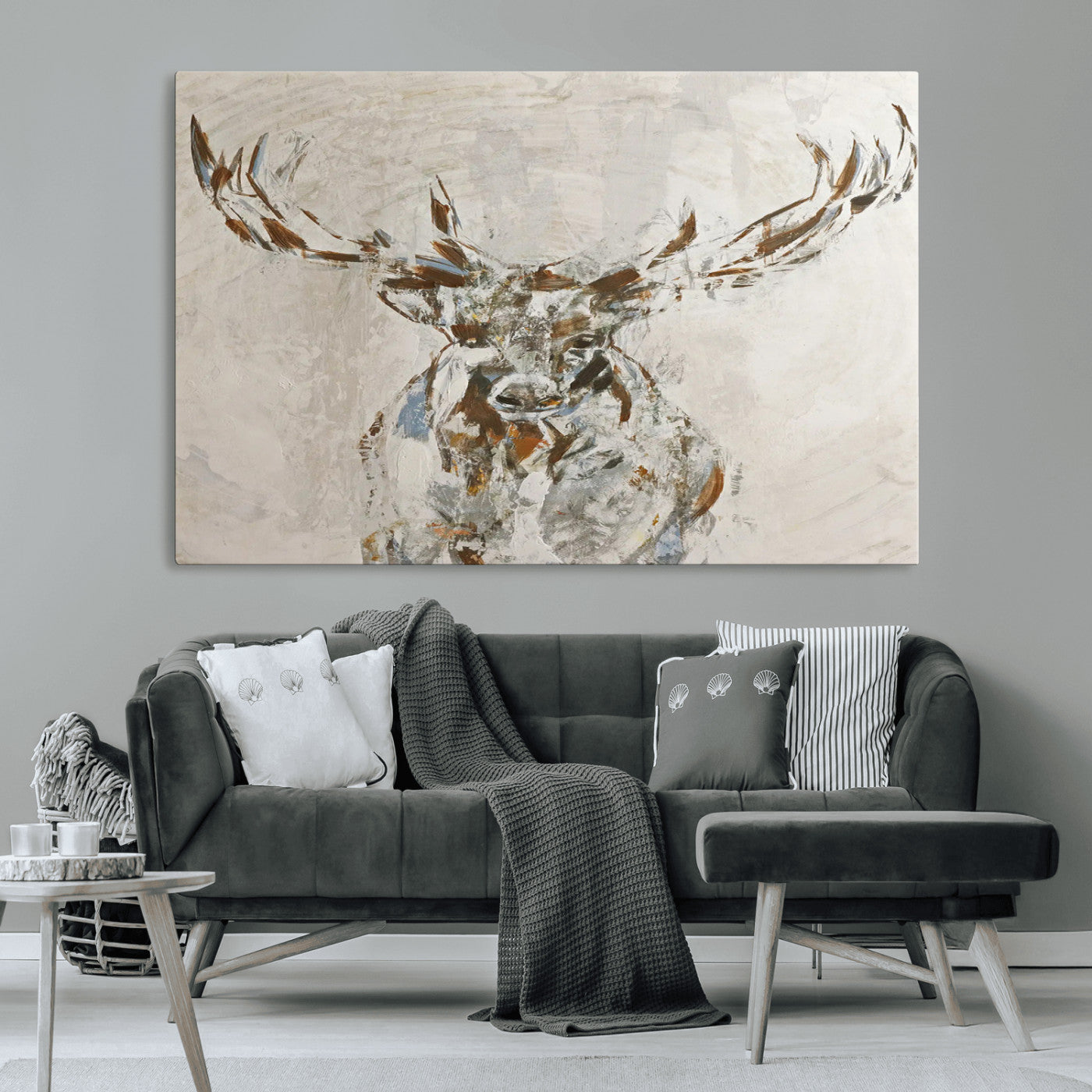 Abstract painting of a deer with antlers in neutral earth tones, ideal for modern rustic or lodge-style living room wall decor.