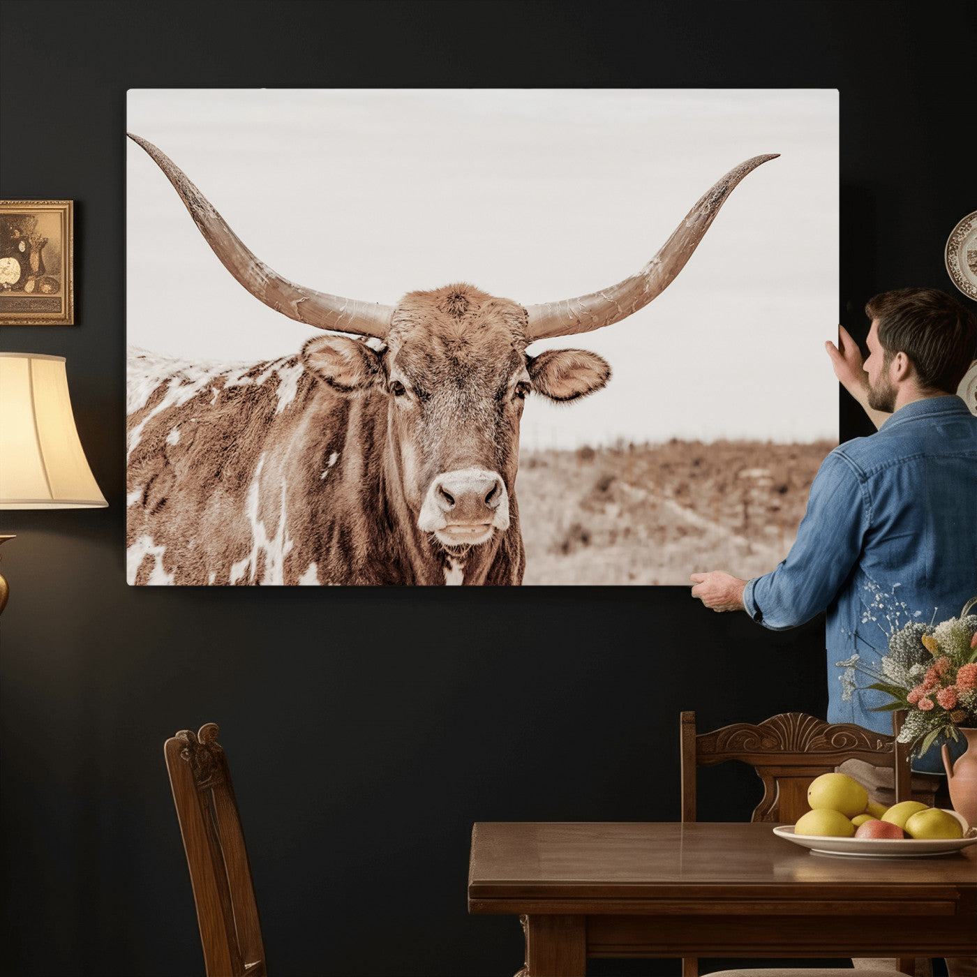 39964150-MGV-CV-36X24 - Longhorn Cow Wall Art Canvas Print, Texas Ranch Print, Framed Western Bull Art Print, Large BigHorn Cowboy Printing Perfect for County Decor