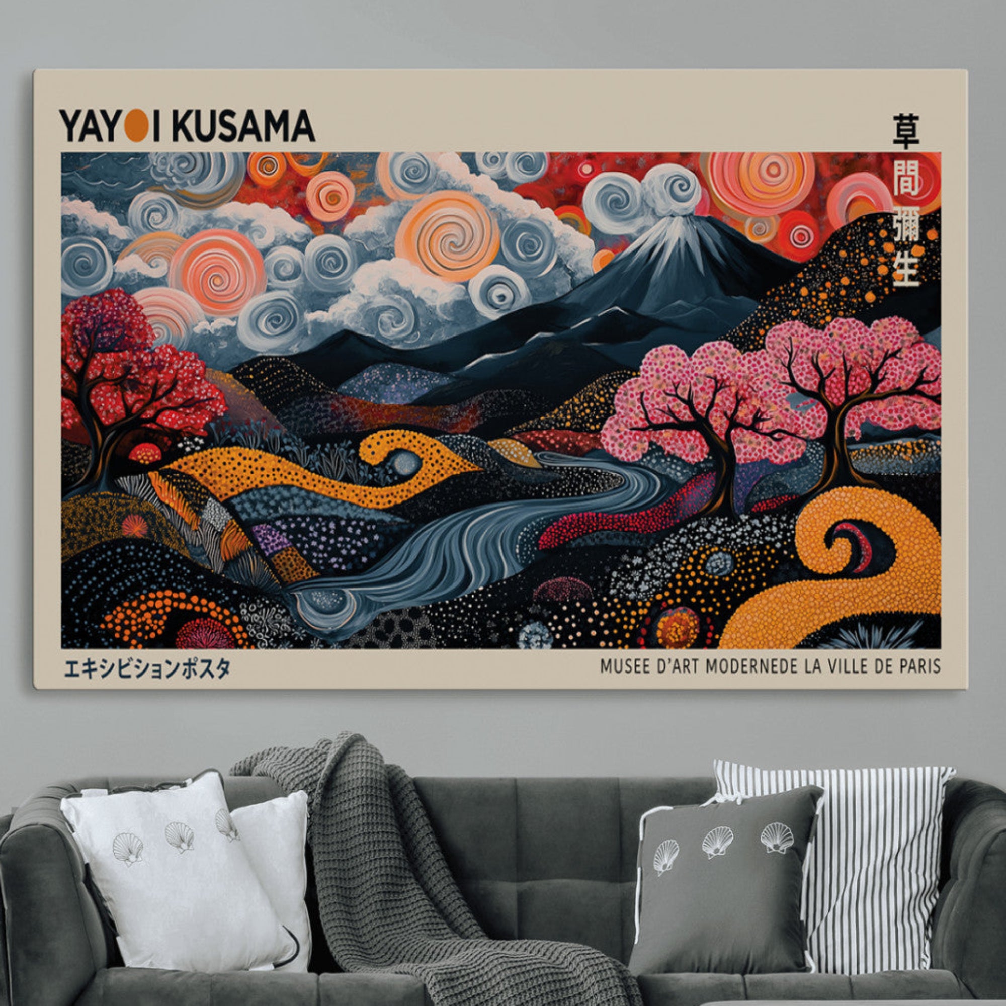 89598235-MGV-CV-36X24-Modern Japanese Wall Art Canvas Print – Framed Contemporary Yayoi Kusama Artwork for Home, Office, Living Room