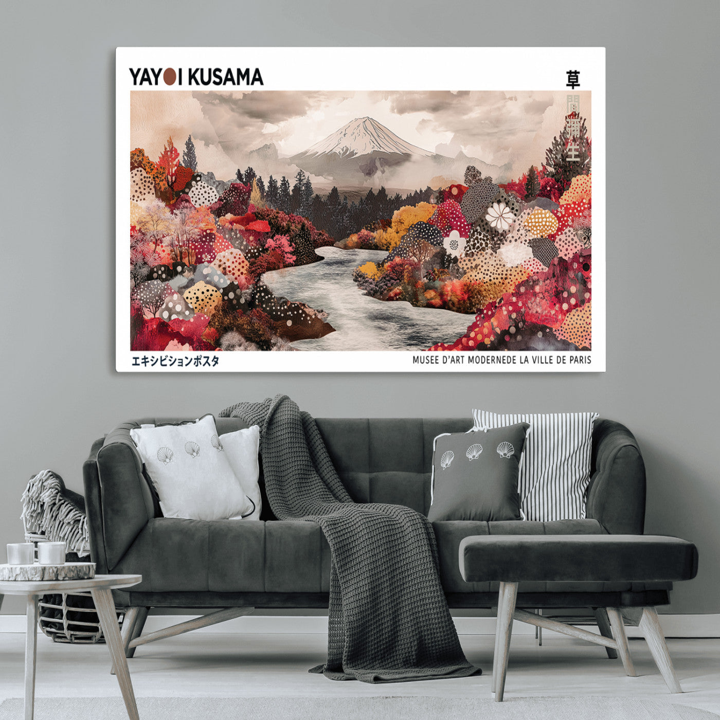 MGV-CV-36X24 - Modern Japanese Wall Art Print, Yayoi Kusama Canvas Wall Art, Abstract Mount Fuji Art Canvas Print,