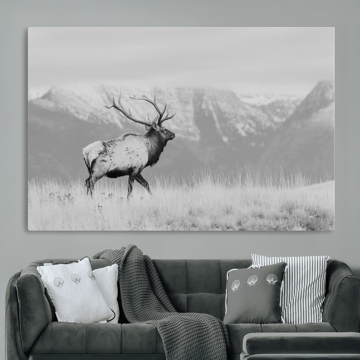 36150391-MGV-CV-36X24 - Wall Art Canvas Print – Majestic Elk Black & White Wilderness, Scenic Mountain and Grassland Landscape, Wildlife Nature Decor for Home or Office