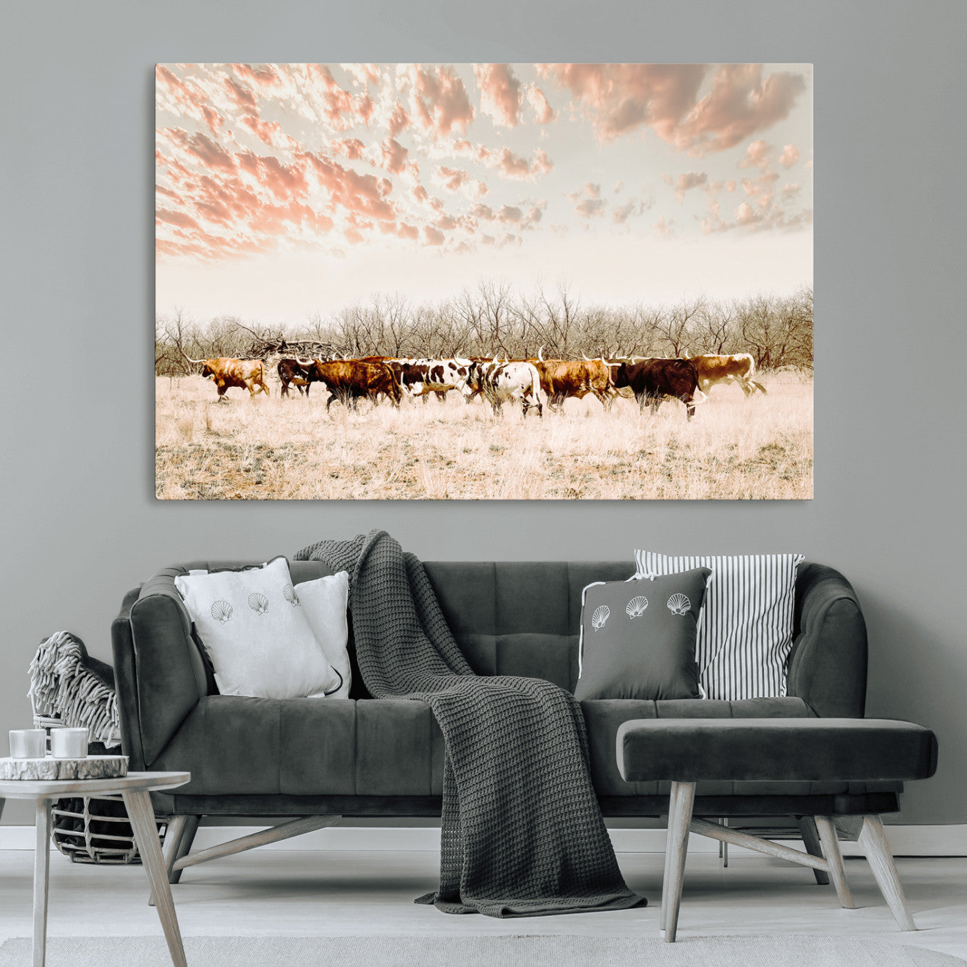 Cattle herd in a soft-toned field under a pastel pink sky, creating a peaceful rustic feel, perfect for farmhouse or western-themed spaces.