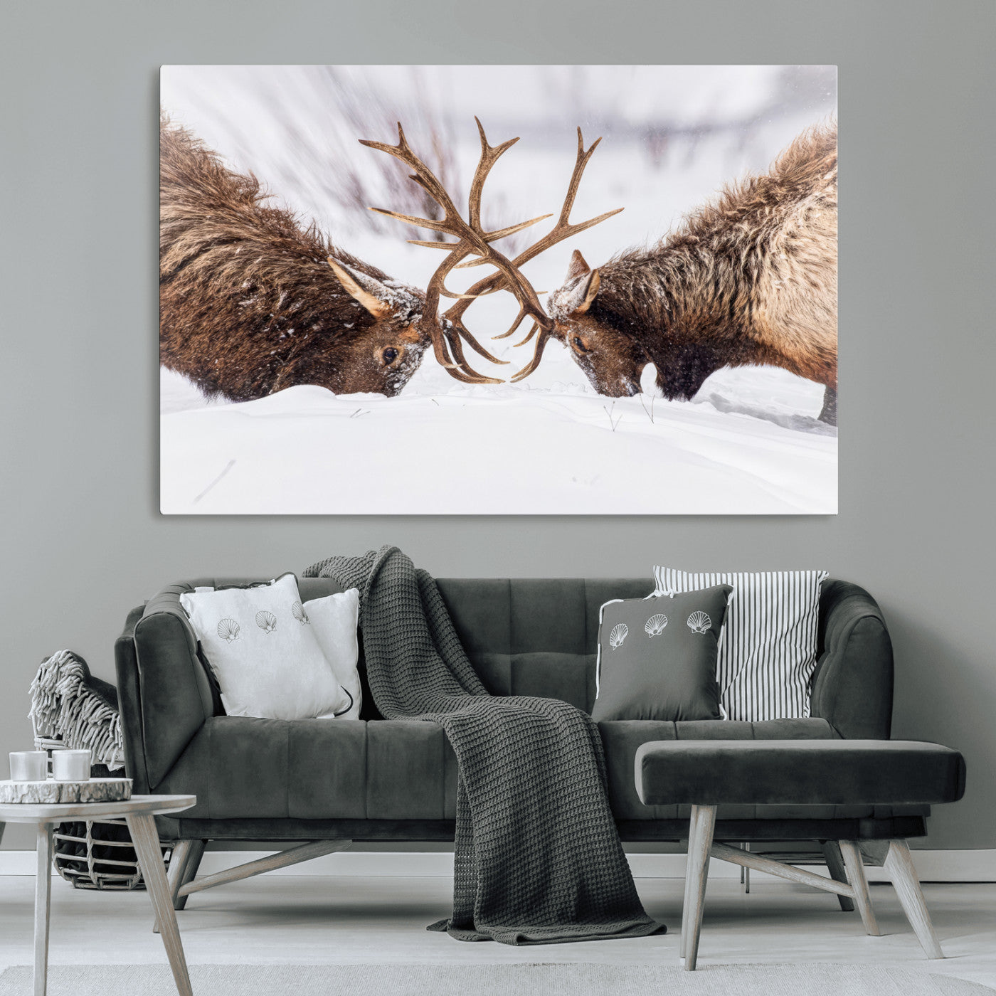 Two elk clashing antlers in a snowy forest, capturing raw power and wild energy, ideal for rustic cabin or lodge-style decor.