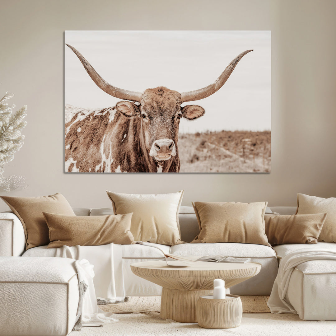 Longhorn Bull Wall Art Canvas Print, Framed Rustic Cow Art Picture Print, Neutral Farmhouse Perfect Rustic Neutral Farmhouse Decor