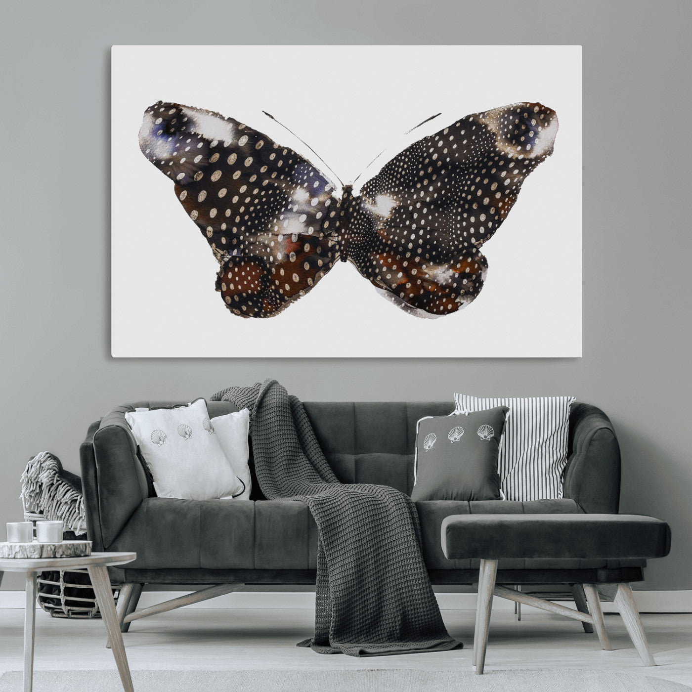 MGV-CV-36X24 - Spotted Butterfly Wall Art Canvas Print, Framed Neutral Insect Theme Art Picture Print, Earthy Wing Pattern Perfect Modern Rustic Decor Artwork