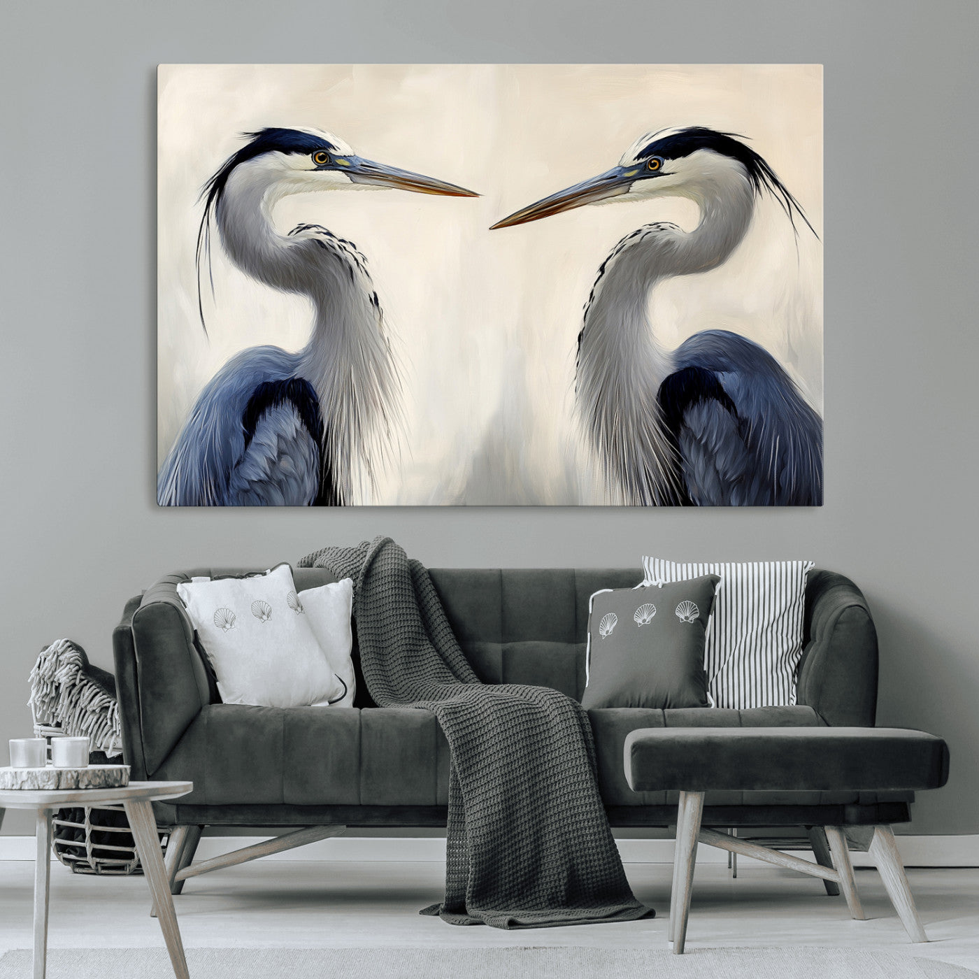 Two blue herons facing each other on a soft neutral background, ideal for coastal, tranquil, or nature-inspired minimalist interiors.