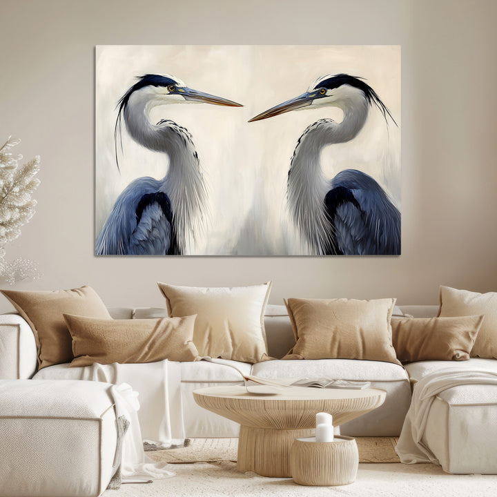 Blue Heron Pair Art Canvas Print, Coastal Bird Theme Print, Framed Tranquil Wildlife Scene Art Print, Large Nature Inspired Decor