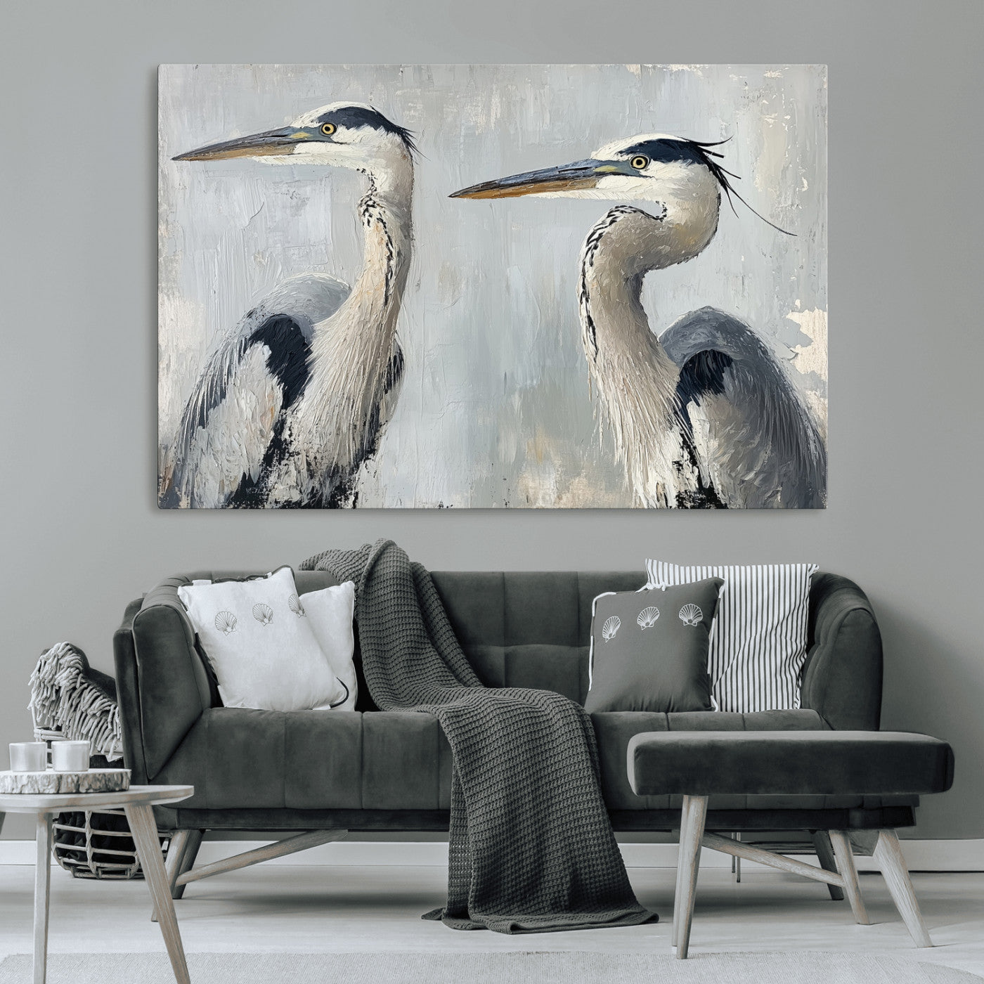Two elegant herons in profile with soft brush strokes and blue-grey tones, ideal for serene, coastal, or minimalist interior decor.