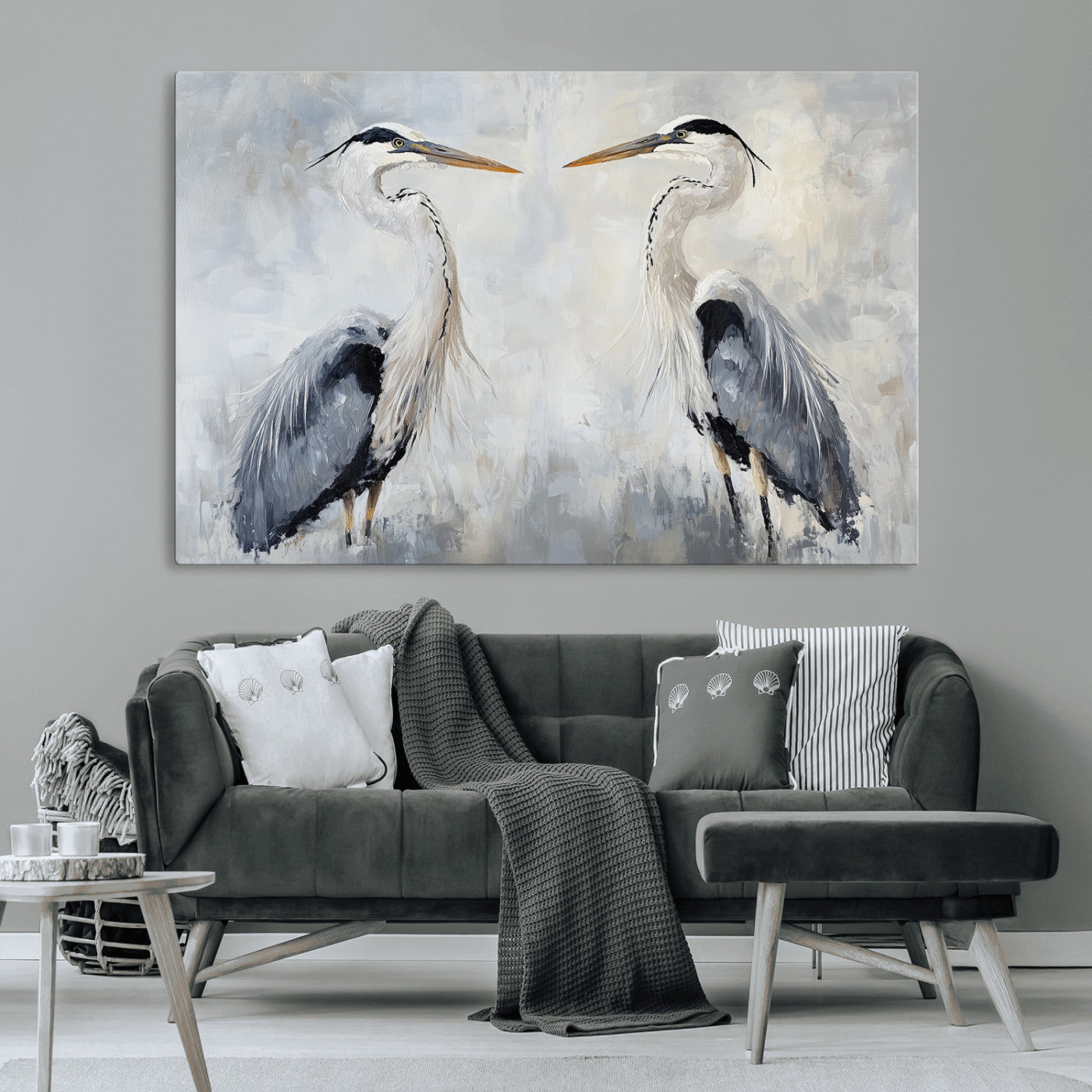 Two herons facing each other on a soft-toned background with blue-grey feathers, perfect for tranquil, coastal or nature-themed interiors.