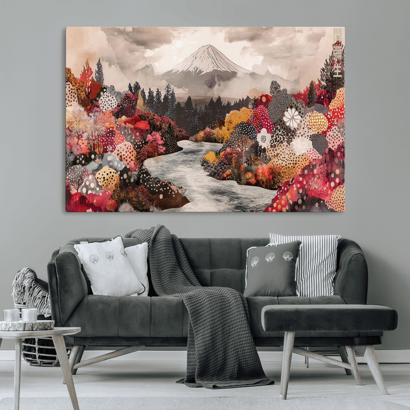 A whimsical mountain landscape with floral autumn trees, river, and misty peak, ideal for cozy, cottagecore, and nature-inspired wall decor.