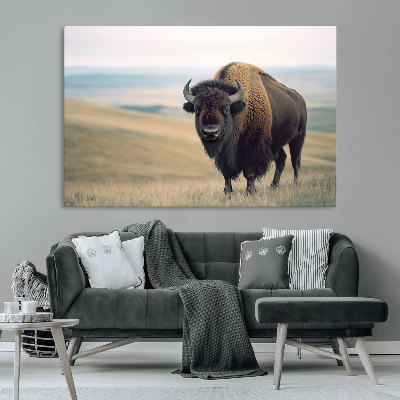 A bison standing strong on a grassy prairie with rolling hills in the background, perfect for rustic and Western-inspired wall decor.