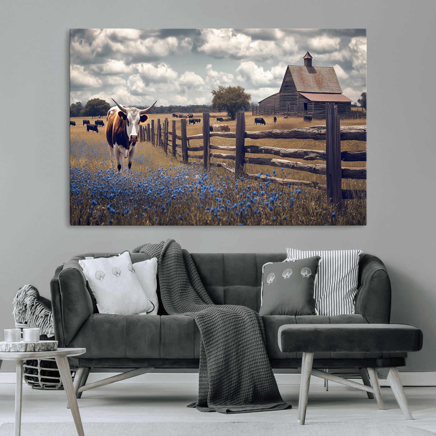 Framed canvas print of a Texas Longhorn near a rustic barn and fence, ideal for farmhouse or western-style home wall decor.